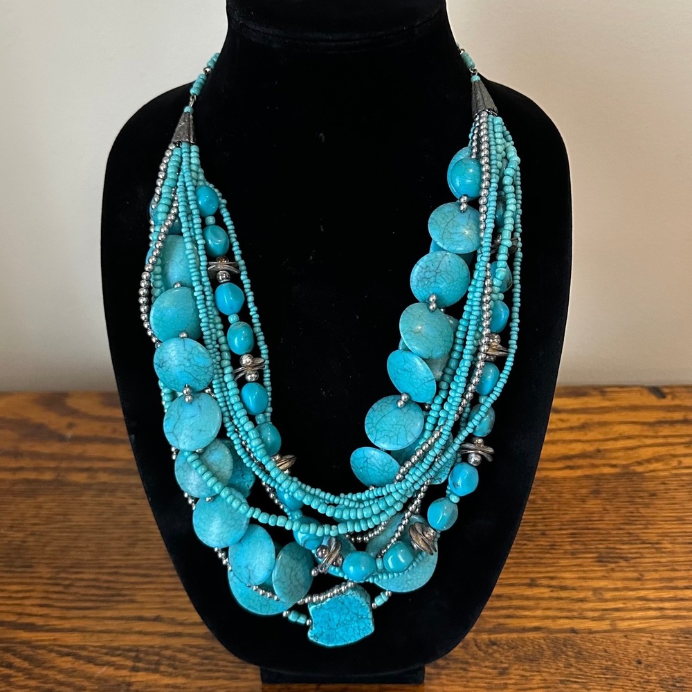 Chicos Multi Strand Turquoise Bead Statement Necklace Silver‎ Tone Southwestern